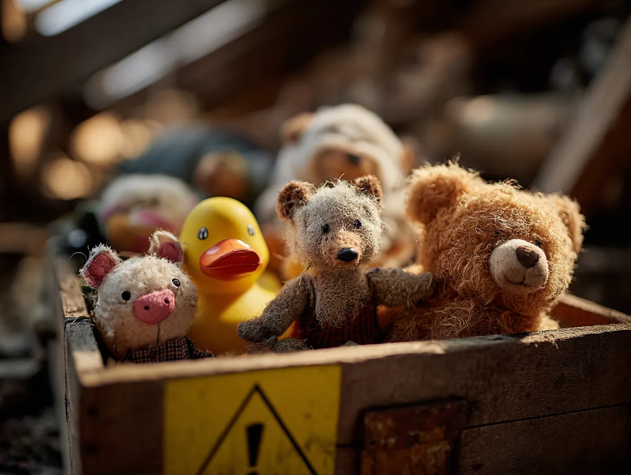 Ein alter Holzkasten voll abgenutzter Spielzeuge (ausgeblichene Plastikfiguren, ein Gummientchen, ein abgewetzter Teddy) auf einem staubigen Dachboden