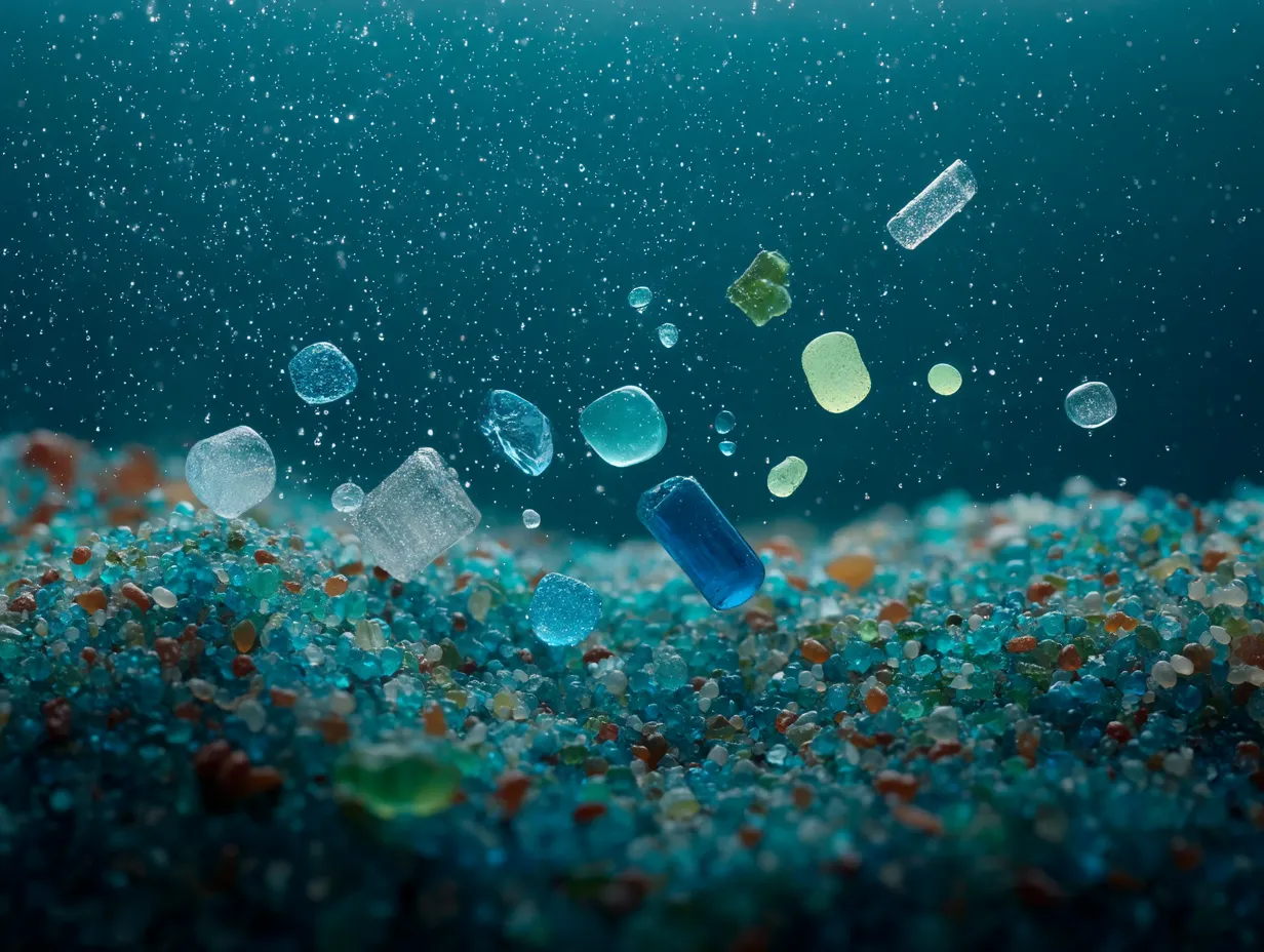 Bunte Mikroplastik-Fragmente und Kügelchen schweben im Wasser