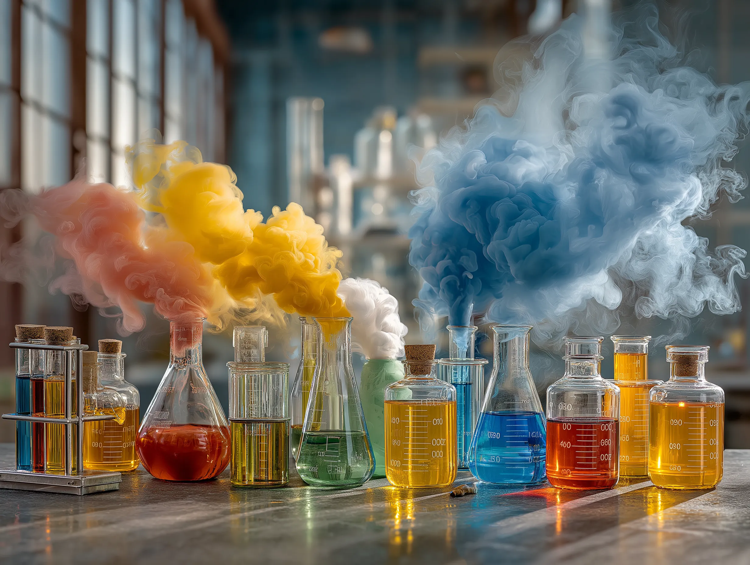 Flaschen und Glaskolben mit Chemikalien
