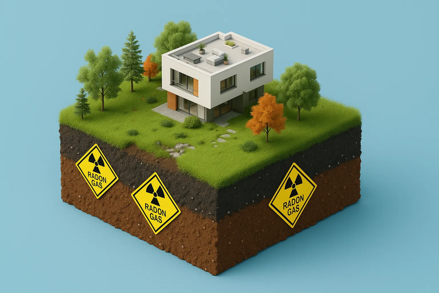Radon-Gas strömt aus dem Erdreich in ein Haus