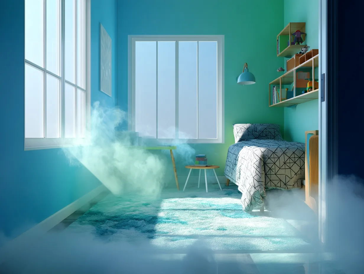 Schlafzimmer mit Partikeln im Sonnenlicht – symbolisiert VOC
